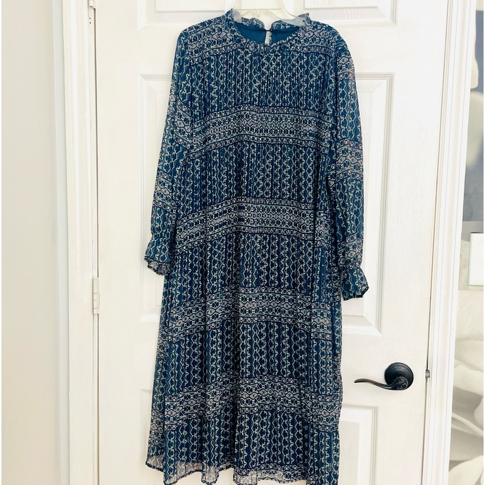 Elegant Blue Patterned Long Sleeve Dress